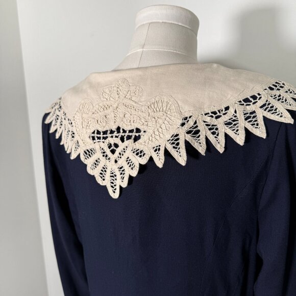 Vintage Navy Maxi Dress Lace Statement Collar Long Sleeve Modest Victorian L - Picture 7 of 13
